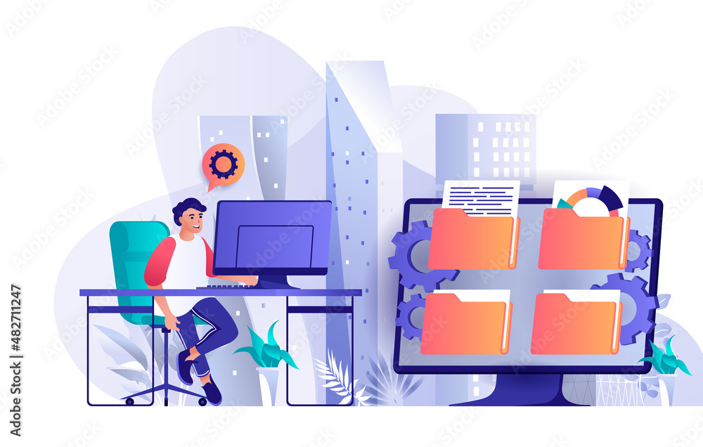 Aufkleber cyberspace management concept in flat design. operations, organization and control system scene temp