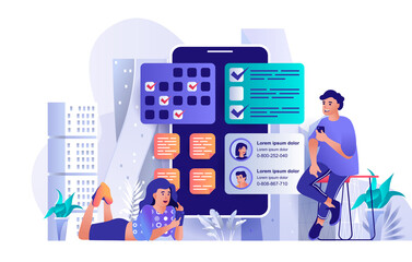 Mobile organizer concept in flat design. Application for file organization, time management scene template. Planning, do tasks, notes, phone book. Illustration of people characters activities