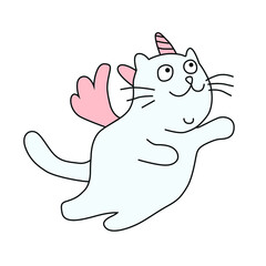 Funny unicorn cat or pegasus with pink wings