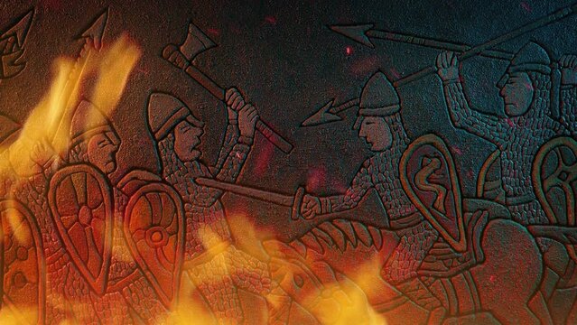 Medieval Soldiers Fighting Stone Carving In Fire