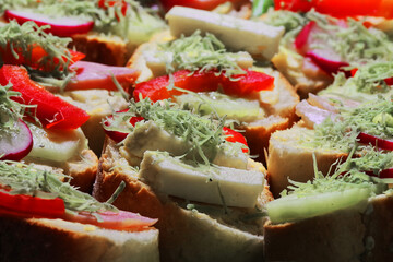 Club sandwich with sausage on a white plate. Club sandwich with cheese and green salad food traditional homemade