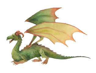Watercolor Dragon illustration. Isolated fantasy creature.