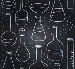 Back to School: science lab objects doodle vintage style sketches seamless pattern, vector illustration.