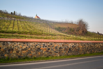 View from the road on the Chapel of St Claire and the vineyards, Prague, Czech Republic