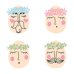 Vector set of Easter eggs with cute faces of men and women in floral wreaths. Vector illustration for postcards, posters, decor, tableware and stationery.