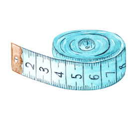 Watercolor blue measuring tape isolated on white