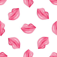 Watercolor kisses seamless pattern on white background. Pink lips print for valentines day wrapping