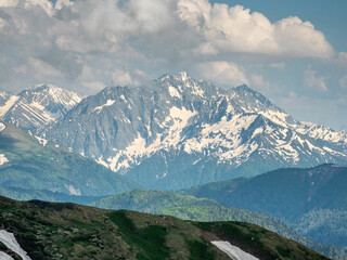 North Caucasus. Caucasian nature reserve. Lago-Naki Plateau in spring. Armenian pass. View of the Great Caucasian Ridge.