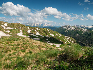 Fototapeta na wymiar North Caucasus. Caucasian nature reserve. Lago-Naki Plateau in spring. Armenian pass. View of the Great Caucasian Ridge.