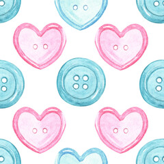 Watercolor sew buttons seamless pattern on white background. Pink and blue buttons hand drawn illustration