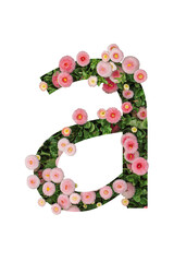 Letter a lower case made of real natural flowers and leaves. Flower font concept. Unique collection of letters and numbers. Spring, summer and valentines creative idea
