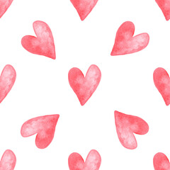 watercolor red hearts seamless pattern on white