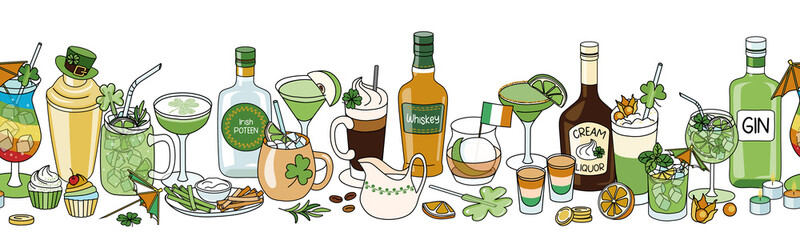 Saint Patricks Day cocktail party seamless line pattern ornament. Leprechaun hat shaker, Green orange white drinks in glasses, liquor bottles and appetizers, Irish flag and shamrock clover decoration.