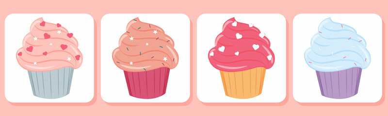 set of cupcakes illustrations with pink and blue stars hearts