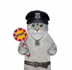 An ashen cat cop in a black hat with a police badge around his neck holds a stop sign. White...
