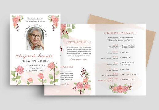 Funeral Program Obituary Memorial Service Brochure with Watercolor Flowers Roses