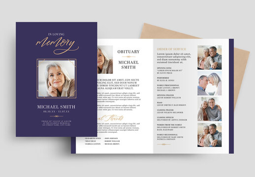 Simple Modern Blue Purple Funeral Program Obituary Bifold Brochure Flyer