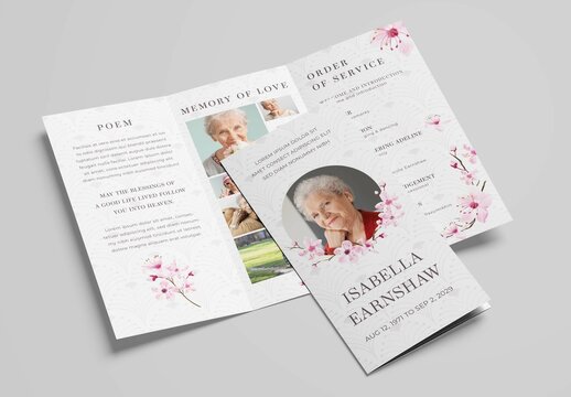 Cherry Blossom Pink Flowers Watercolor Funeral Program Obituary Trifold Brochure Layout