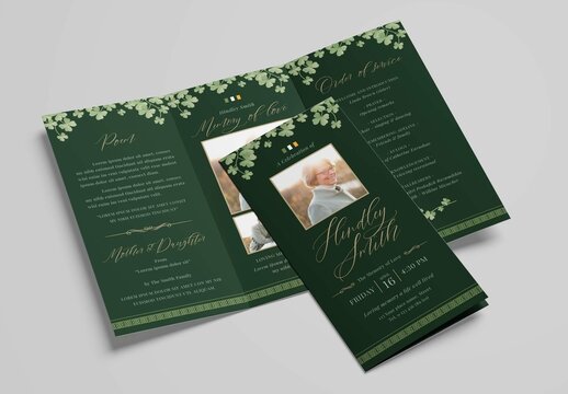 Green Irish Celtic Themed Funeral Program Trifold Layout
