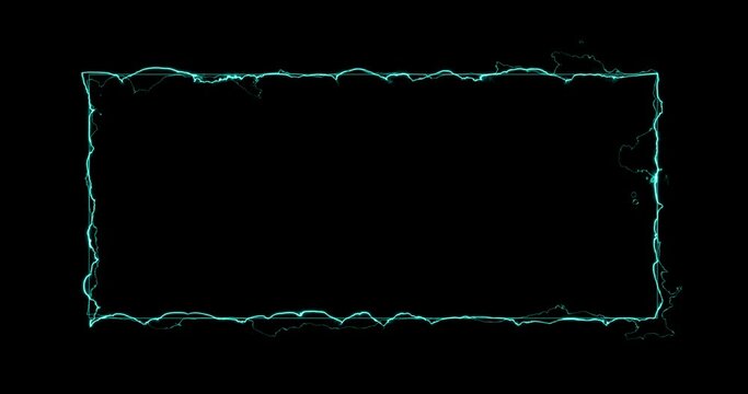 Rectangle, frame of energy, neon, smoke. green rectangle on a black background. Gradually, a neon square of energy appeared and a constant flicker in the rectangle. animation 4k, cartoon.