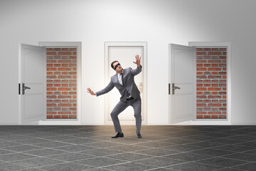 Businessman facing no exit with brick door