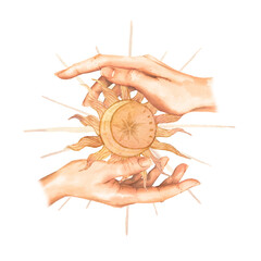 Hands hold the sun. Esoteric watercolor illustration. Celestial card with cosmic symbol