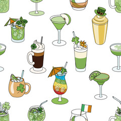 Saint Patricks Day special green cocktails seamless pattern vector illustration in cartoon doodle style.Margarita, Martini, Irish Coffee, Old Fashioned and other. Irish flag, rainbow and clover decor