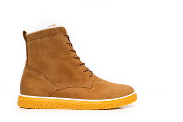 a brown leather winter boot with lacing on a white background