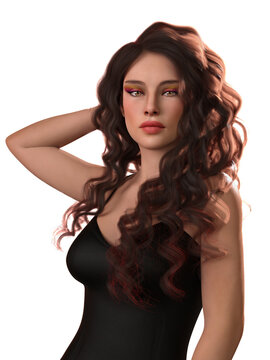 A 3d digital render of a young woman with long curly brown hair and plack body suit on white background.