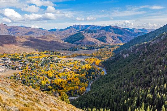 USA, Idaho, Ketchum, Town In Valley In Autumn, Seen From Bald Mountain