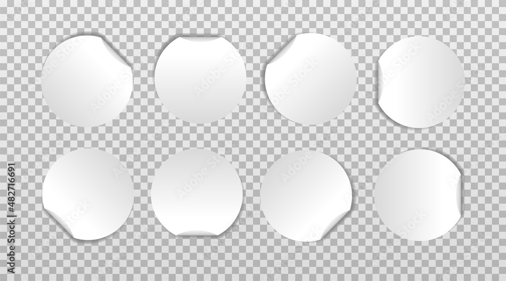Aufkleber white round folded edge sticker set. empty paper price tag templates with peeling corner. blank layo