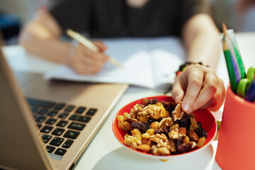 Modern pupil having online education and eating healthy snack