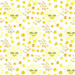 Watercolor pattern with sun, spots, and stripes for children's textiles.
