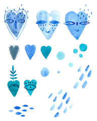 Watercolor set with hearts, spots, blots and stripes for wrapping paper  and stickers