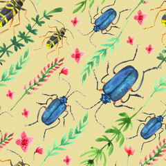Watercolor pattern with beetles and herbs isolated on color background