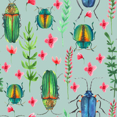 Watercolor pattern with beetles and herbs isolated on color background