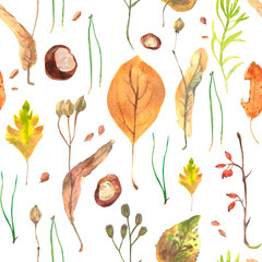 Watercolor pattern with leaves and herbs from the Russian forest 
