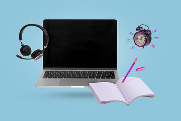 Creative minimal composition made with a laptop, headphones, school supplies and alarm clock flying...