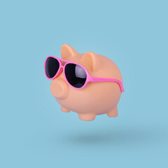 Creative idea with Piggy Bank wearing sunglasses isolated on a bright blue background
