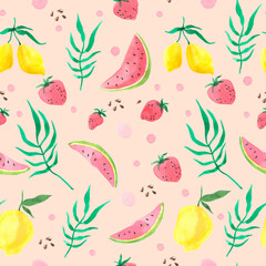 Watercolor pattern with fruits isolated on color background. Bright juicy watermelons, lemons, strawberries and leaves are hand drawn.
