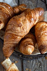 Fresh crispy french croissants in a basket on a wooden background. Traditional ruddy puff pastry (buns) for breakfast, delicious dessert.