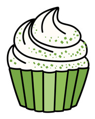 Saint Patricks Day special green sprinkles sweet creamy cupcake. Doodle cartoon vector illustration isolated on white. For greeting card, sticker or invitation.