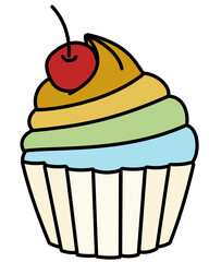 Saint Patricks Day special lucky rainbow sweet creamy cupcake with a cherry on a top. Doodle cartoon vector illustration isolated on white. For greeting card, sticker or invitation.