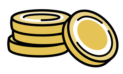 A stack of yellow golden coins in doodle cartoon style. Vector illustration isolated on white background