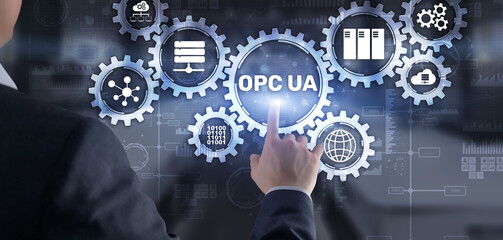 Businessman selecting OPC Unified Architecture. Data Transmission in Industrial Networks concept