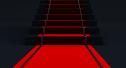3D render of staircase with red carpet. Red carpet on the stairs on a dark background.