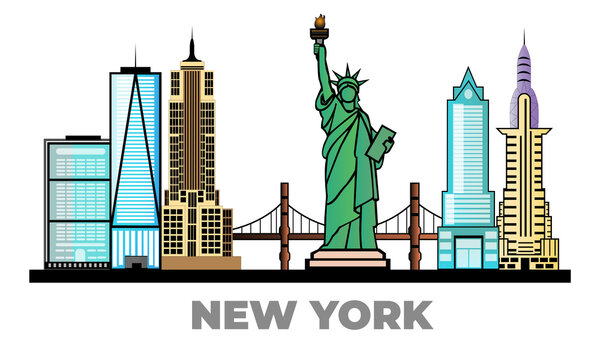 A flat image of the Statue of Liberty and a scene of the New York City skyline, the location of which is in lower Manhattan, Architecture and a building with a tourist concept