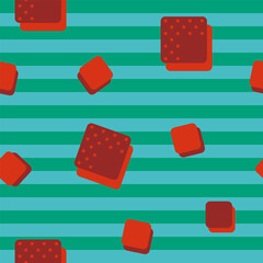 Vector seamless pattern. Bright fiery red and hot chili cubes with polka dots on Turquoise Blue and Jade Green striped background. Trendy color geometry wallpaper. Stylish cute print. Vibrancy fashion