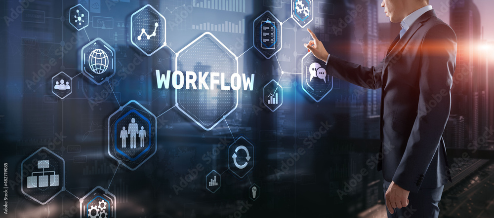 Poster workflow repeatability systematization buisness process. business technology internet