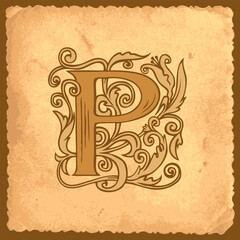 Ornate initial letter P with fairy tale decoration on an old paper background in vintage style. Beautiful capital letter P suitable for monogram, logo, emblem, greeting card, invitation, label design